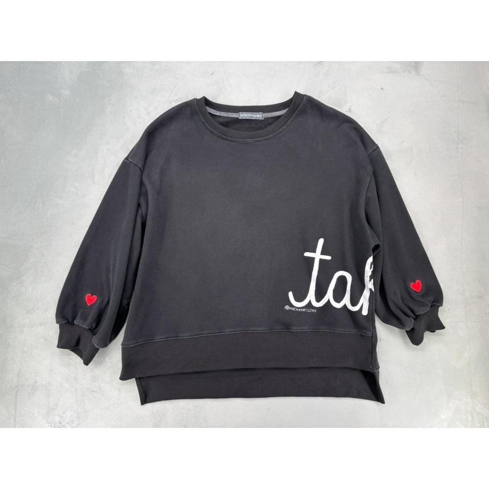 Wren + Glory Sweatshirt Womens OS Black Taken Hand Painted Heart Pullover